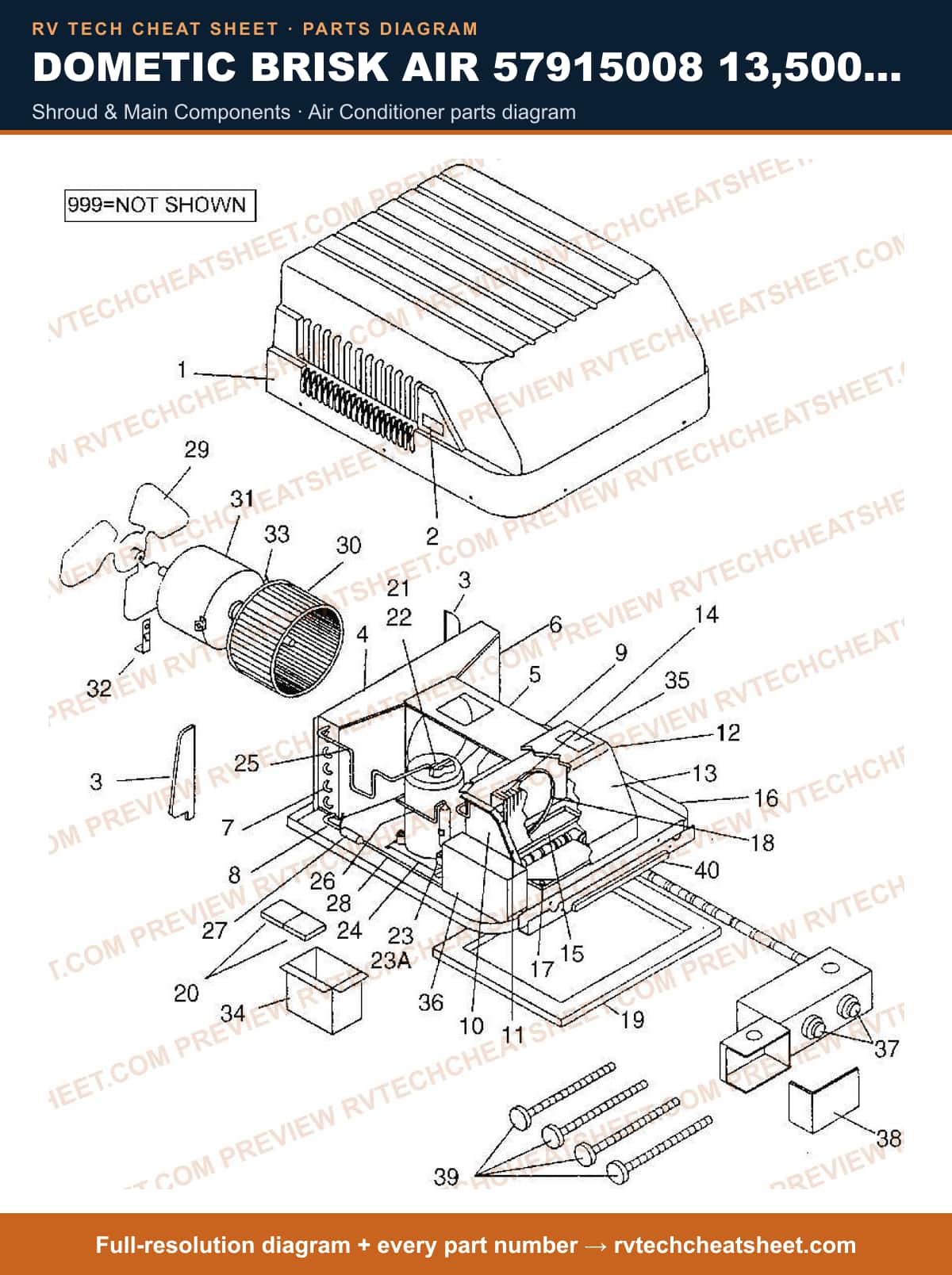 Dometic Brisk Air 57915008 13,500 BTU shroud & main components — exploded parts diagram