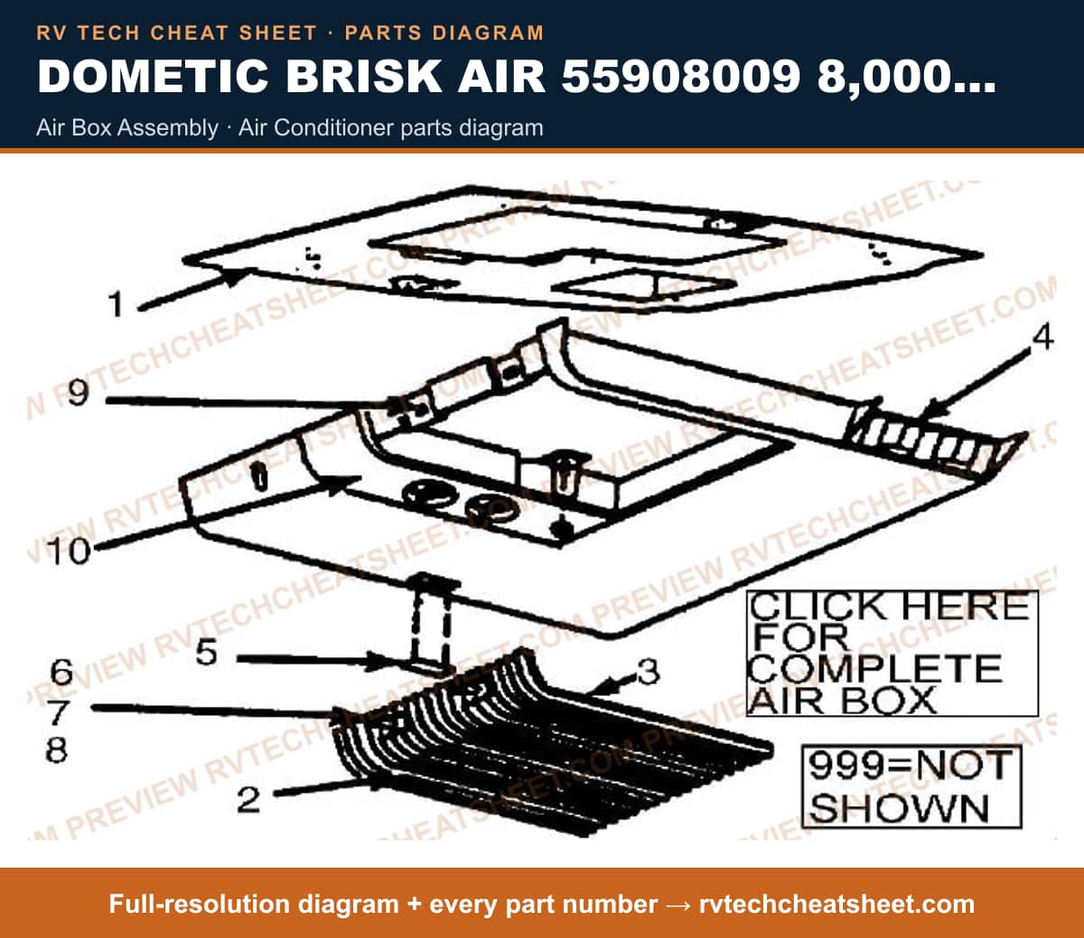 Dometic Brisk Air 55908009 8,000 BTU air box assembly — parts list sheet