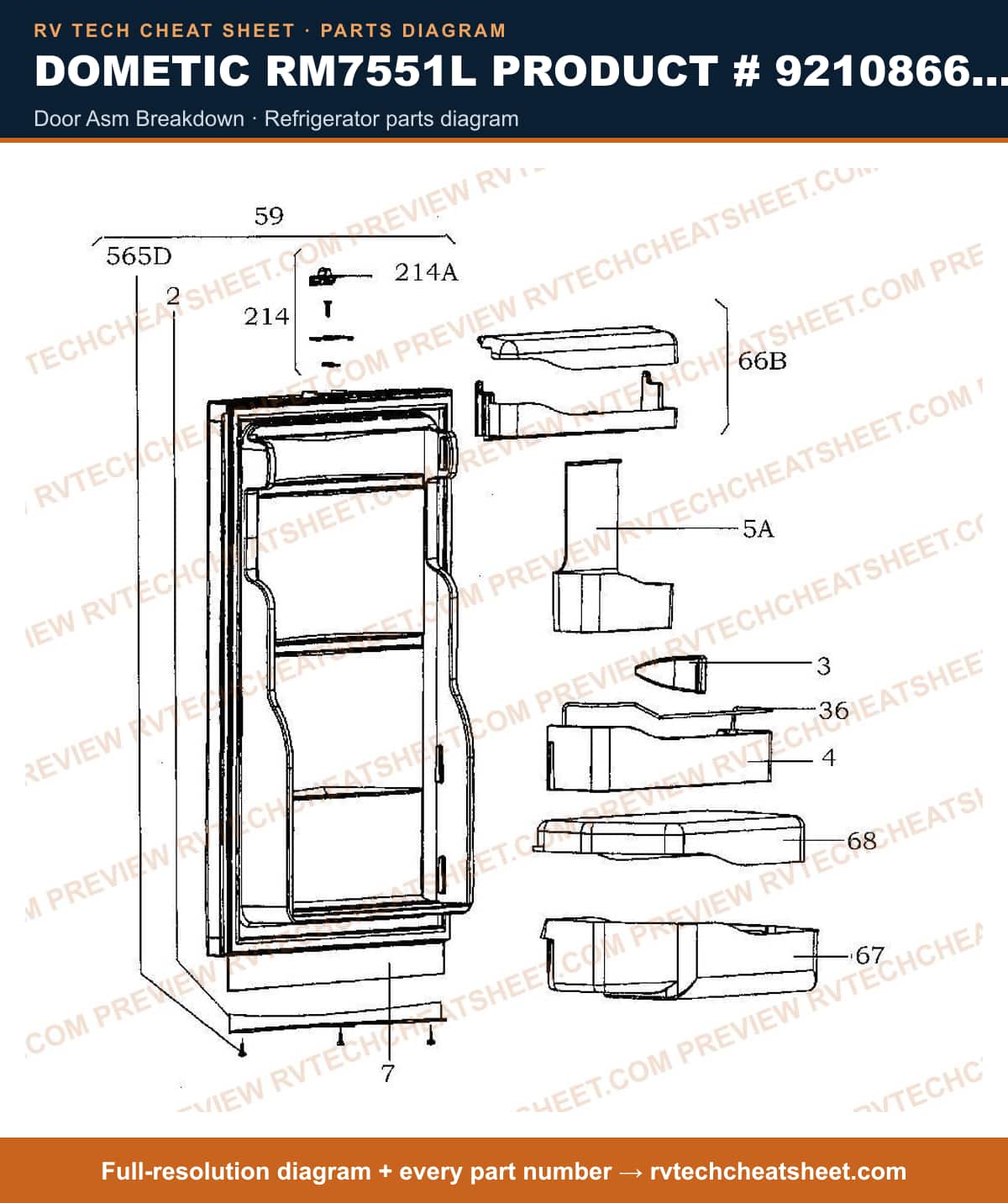 Dometic RM7551L Product # 921086662 door asm breakdown — parts list sheet