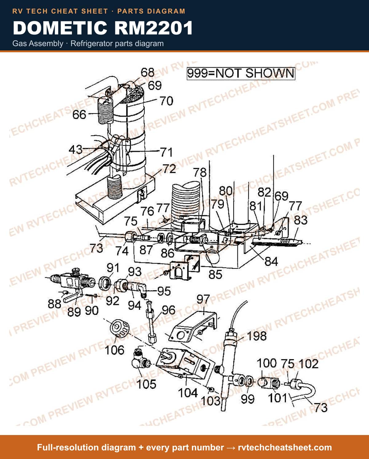 Dometic RM2201 gas assembly — parts list sheet