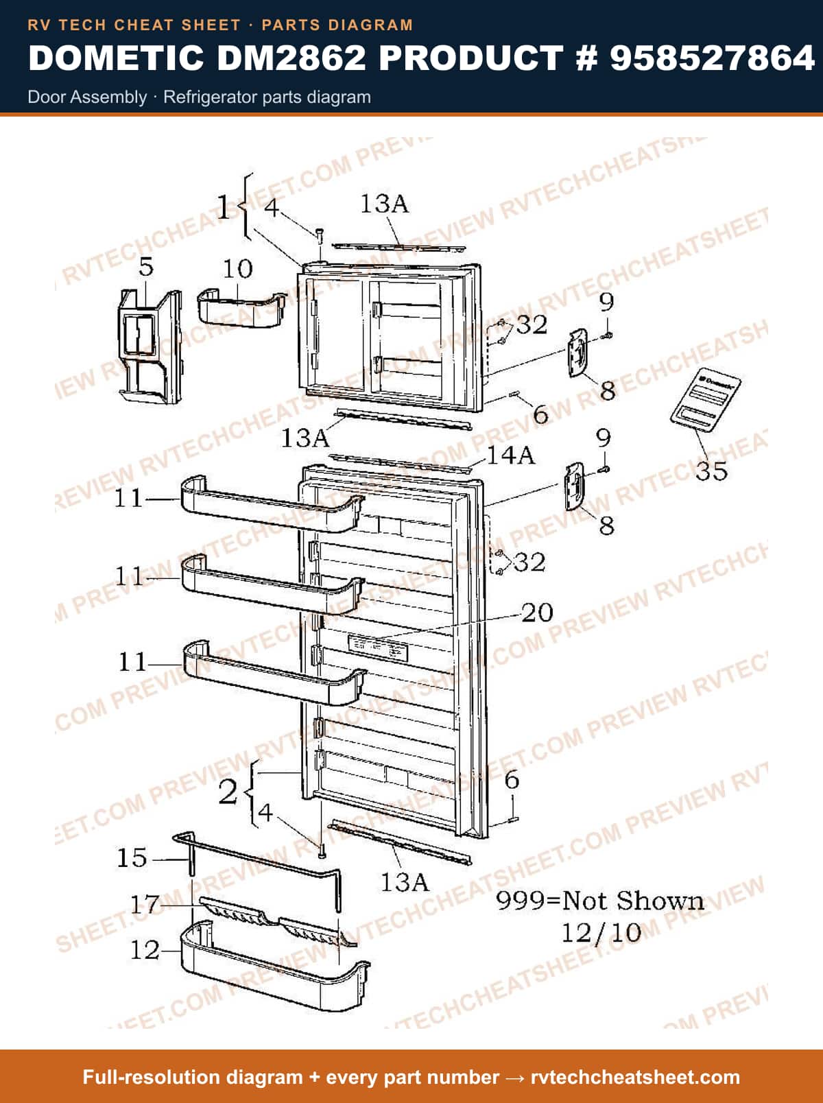 Dometic DM2862 Product # 958527864 door assembly — parts list sheet