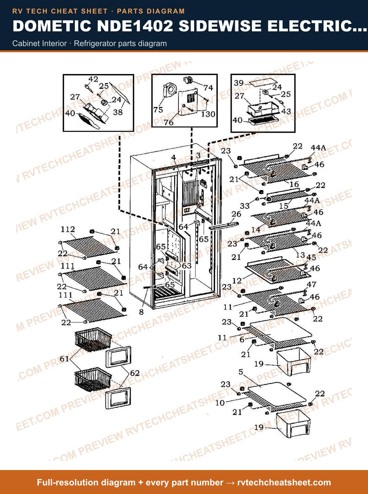 Dometic NDE1402 Sidewise Electric Product # 921148205 Stainless cabinet interior — parts list sheet