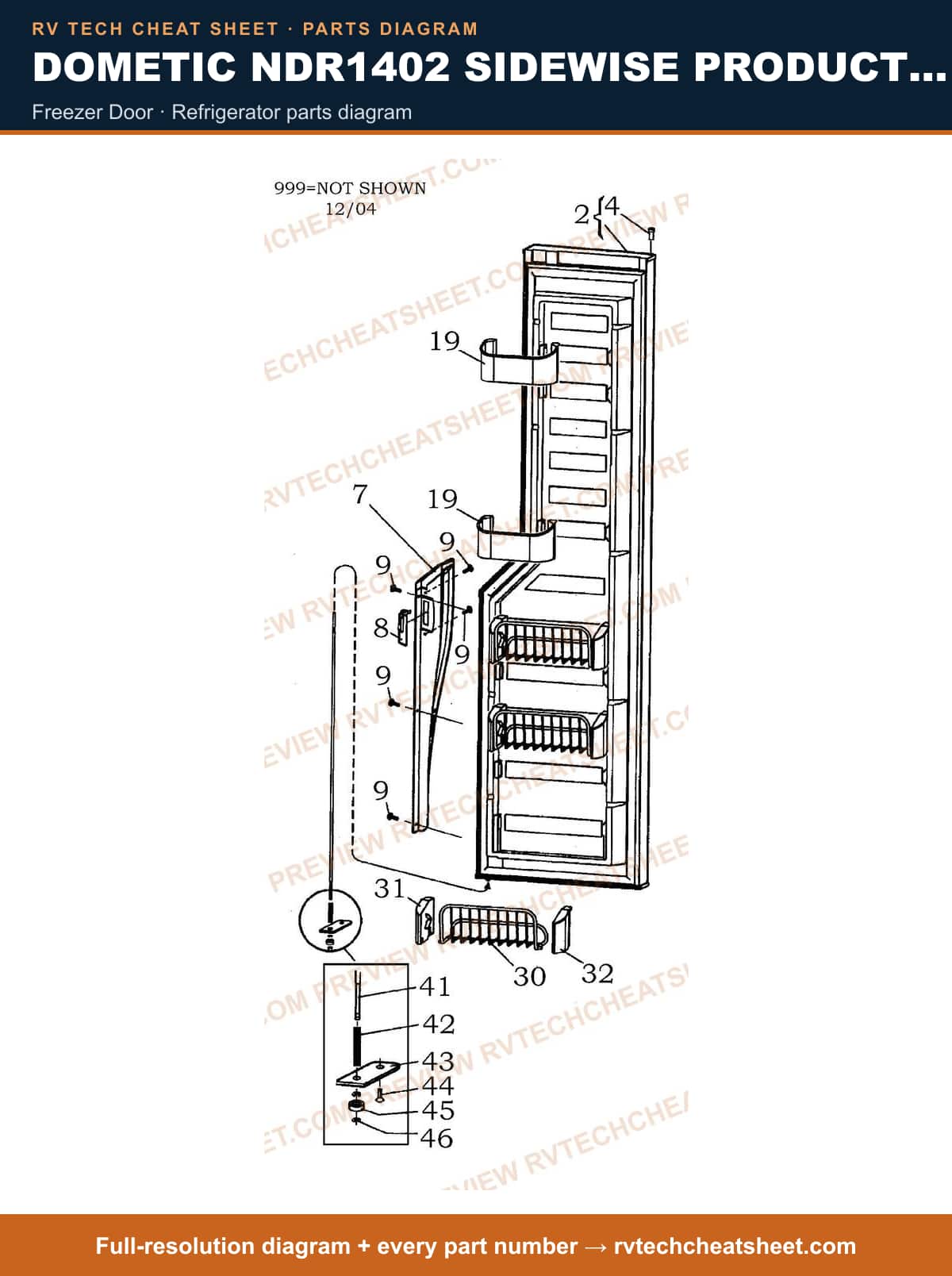 Dometic NDR1402 Sidewise Product # 921148207 Stnls freezer door — parts list sheet
