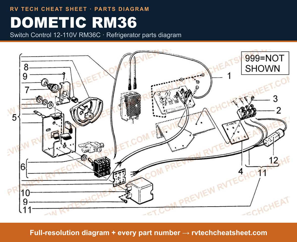Dometic RM36 switch control 12-110v rm36c — parts list sheet