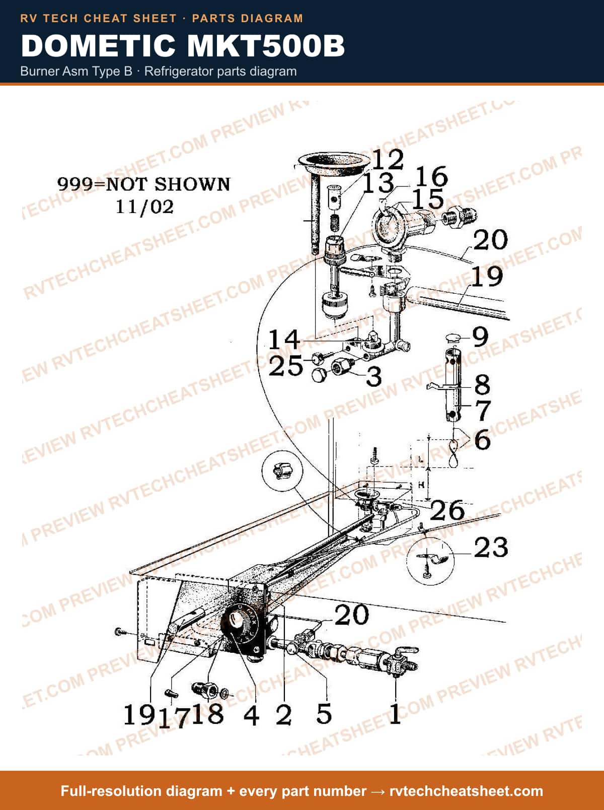Dometic MKT500B burner asm type b — parts list sheet