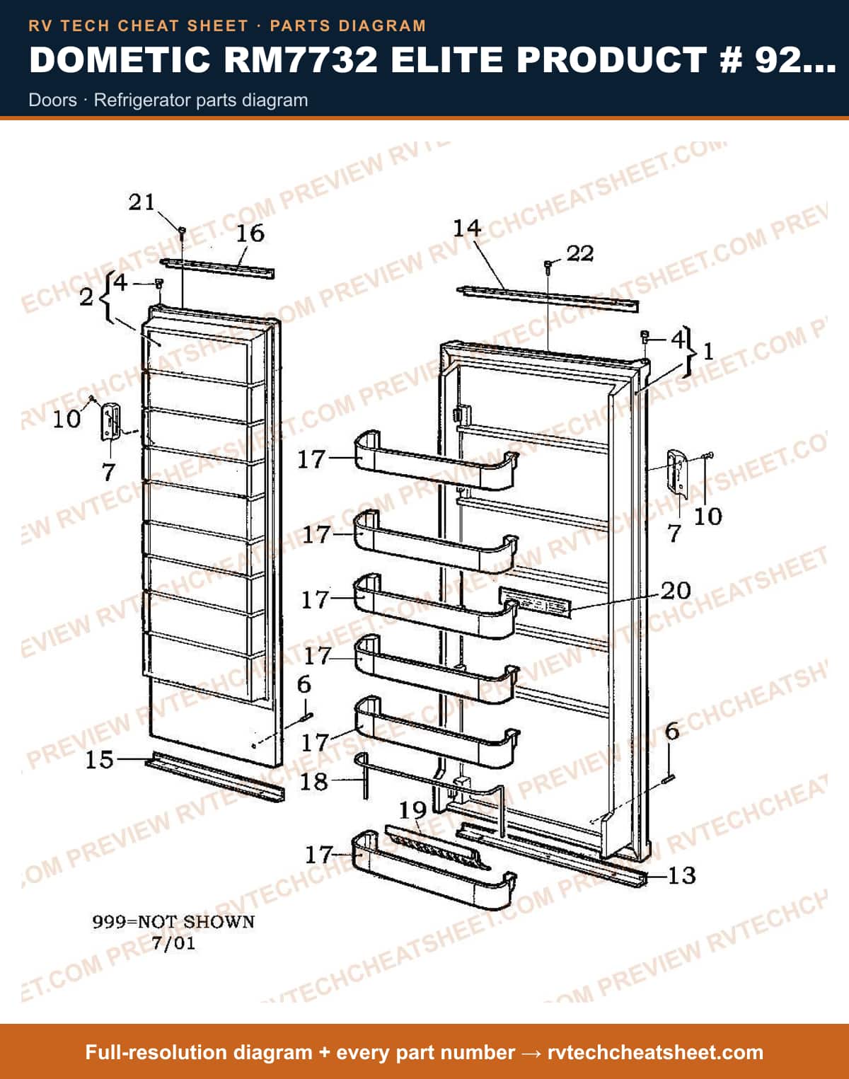 Dometic RM7732 Elite Product # 921148011 doors — parts list sheet