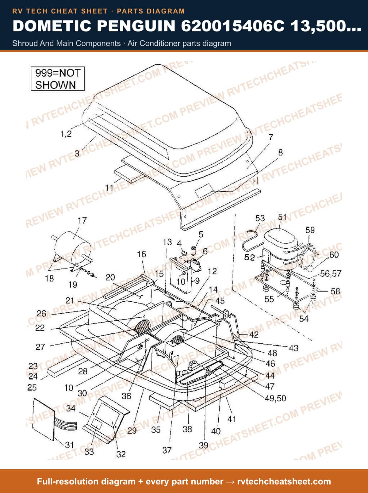 Dometic Penguin 620015406C 13,500 BTU shroud and main components — parts list sheet