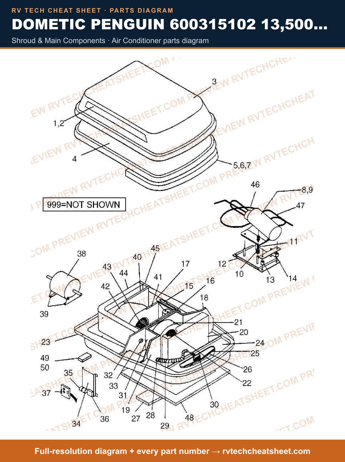 Dometic Penguin 600315102 13,500 BTU shroud & main components — parts list sheet