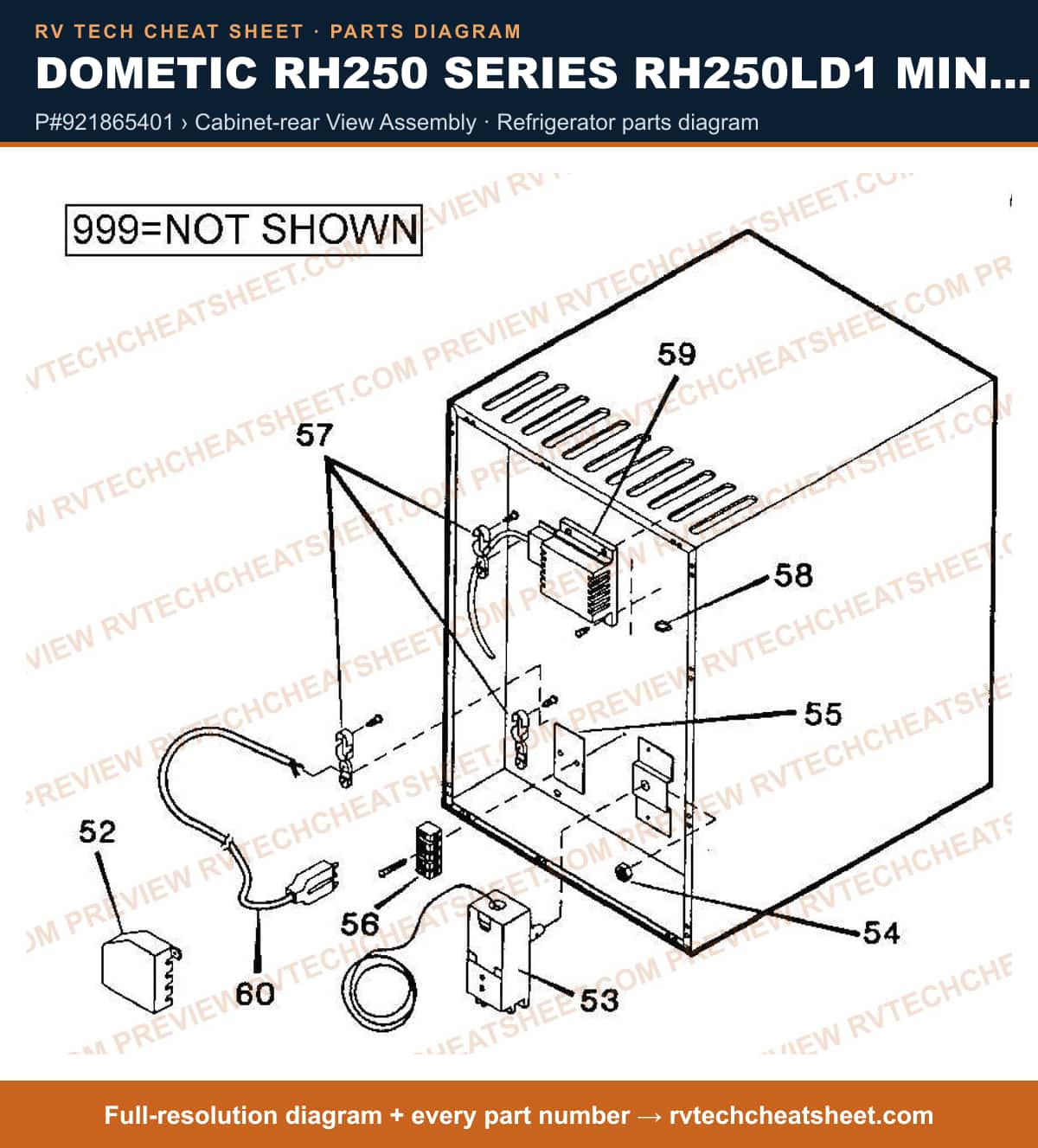 Dometic RH250 Series RH250LD1 Minibar p#921865401 › cabinet-rear view assembly — parts list sheet