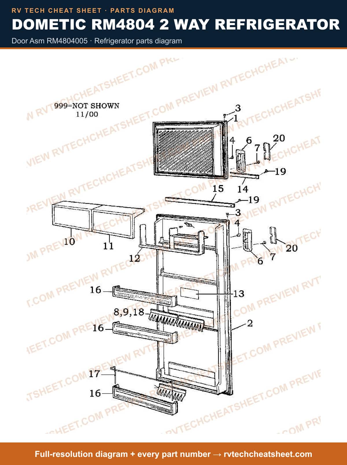 Dometic RM4804 2 Way Refrigerator door asm rm4804005 — parts list sheet
