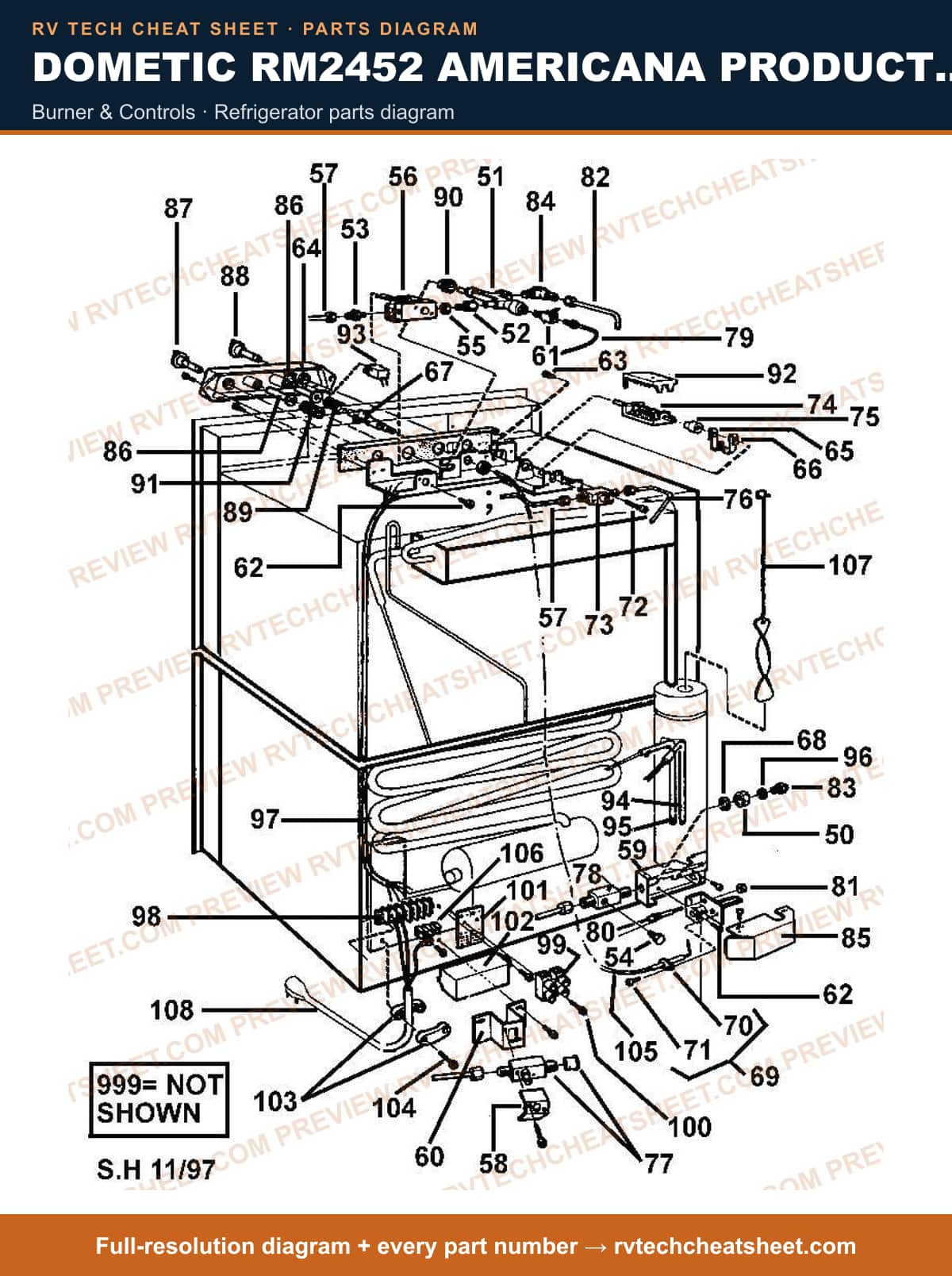 Dometic RM2452 Americana Product # 921140107 Black burner & controls — parts list sheet