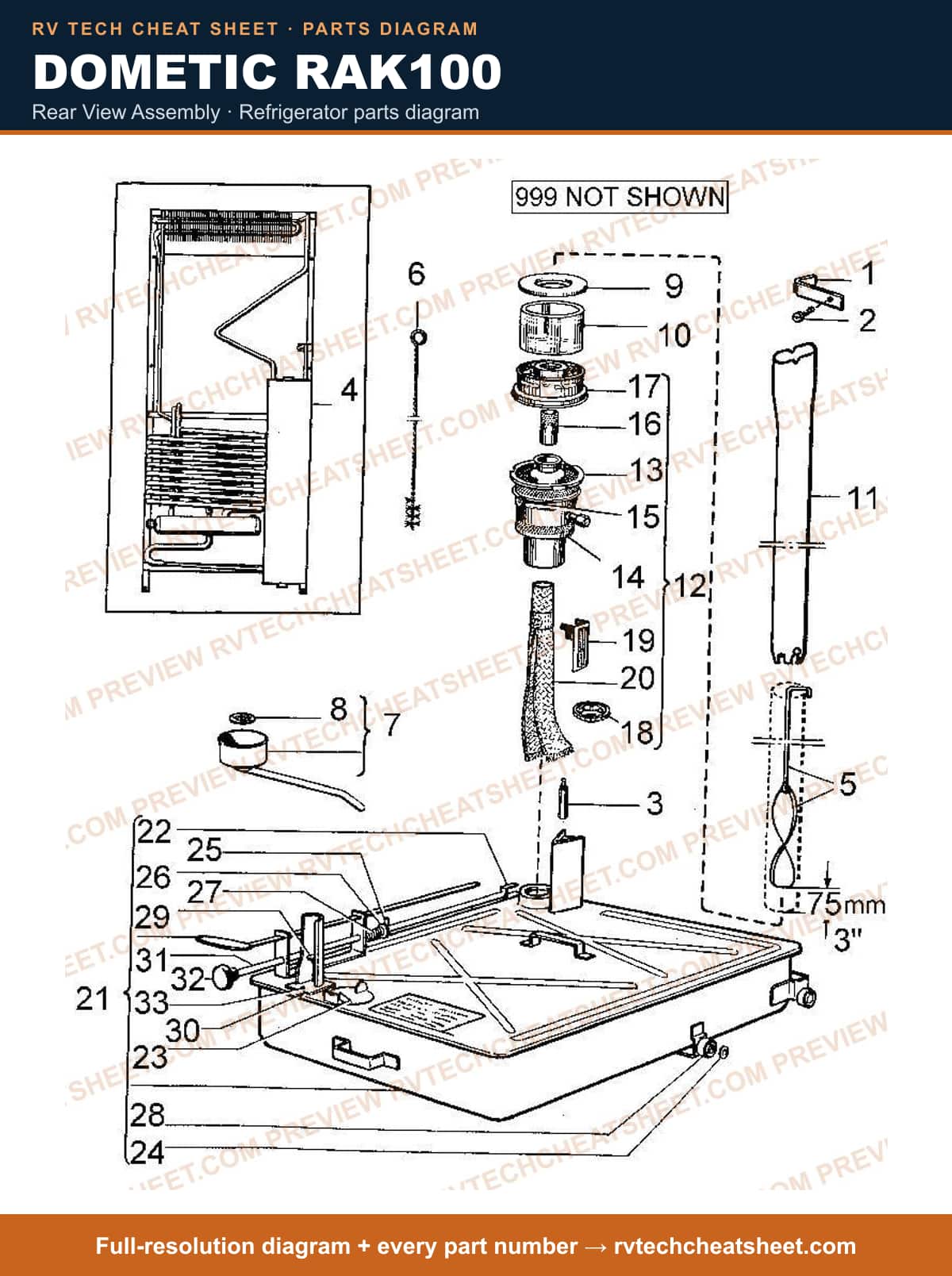 Dometic RAK100 rear view assembly — exploded parts diagram