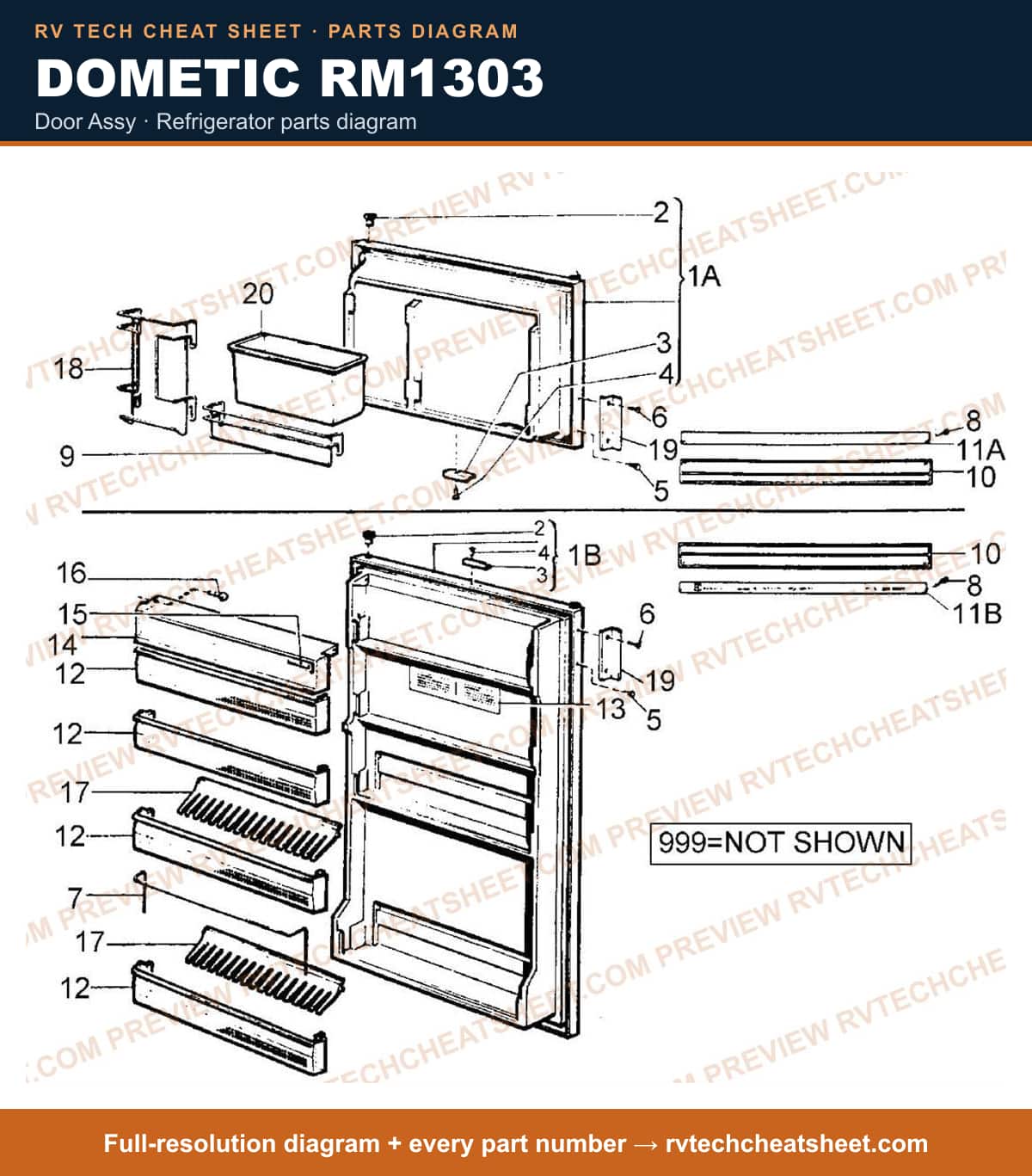 Dometic RM1303 door assy — parts list sheet