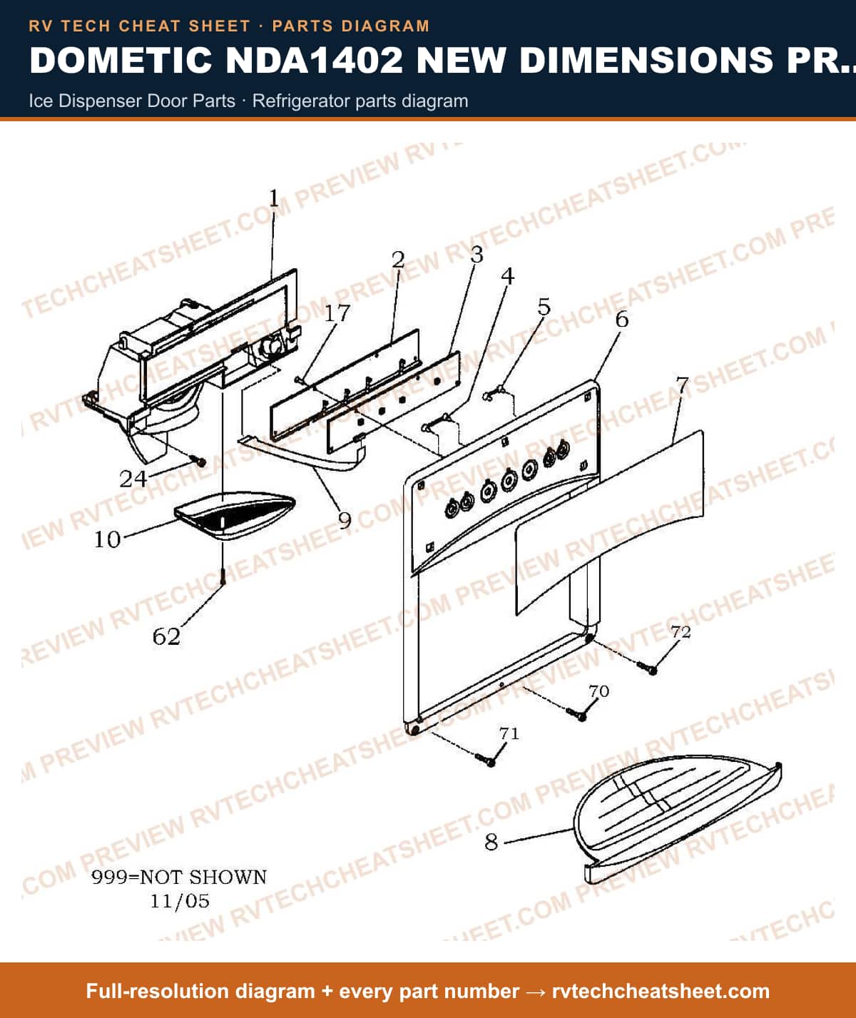 Dometic NDA1402 New Dimensions Product # 921148257 Stainless ice dispenser door parts — parts list sheet