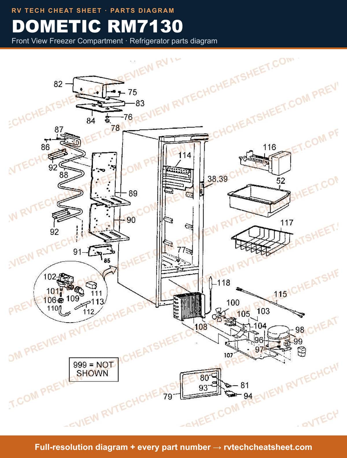 Dometic RM7130 front view freezer compartment — parts list sheet 1 of 2