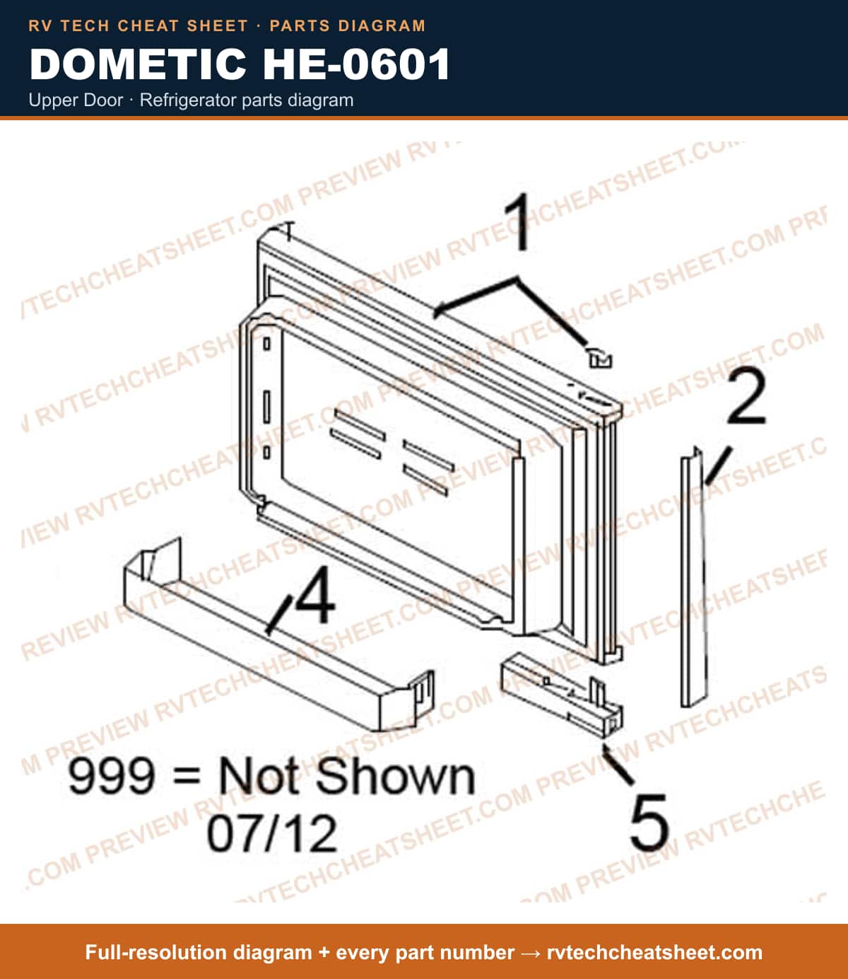 Dometic HE-0601 upper door — parts list sheet 1 of 2
