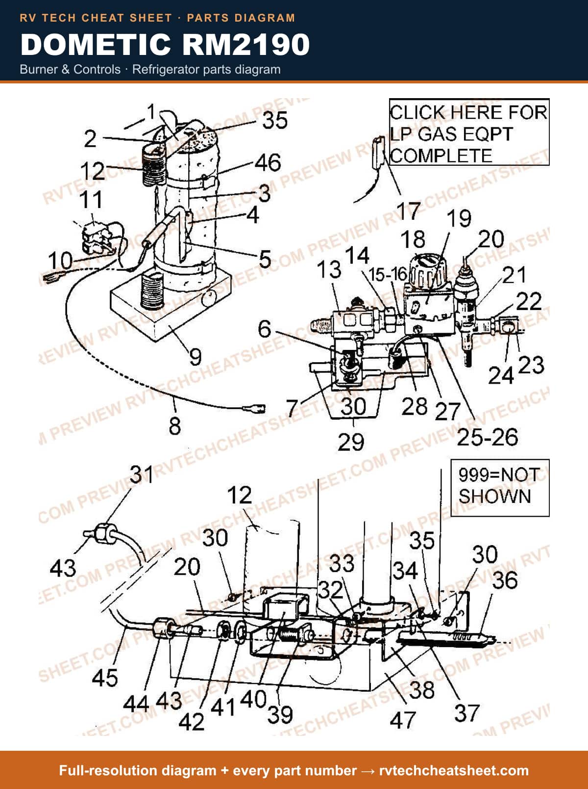 Dometic RM2190 burner & controls — parts list sheet