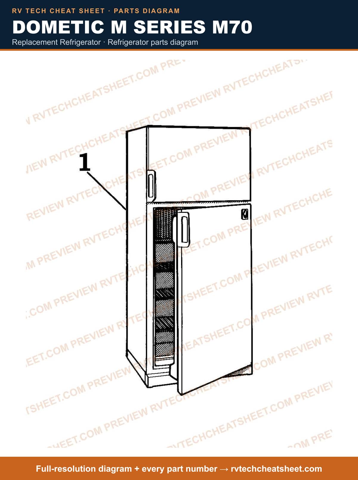 Dometic M Series M70 replacement refrigerator — parts list sheet