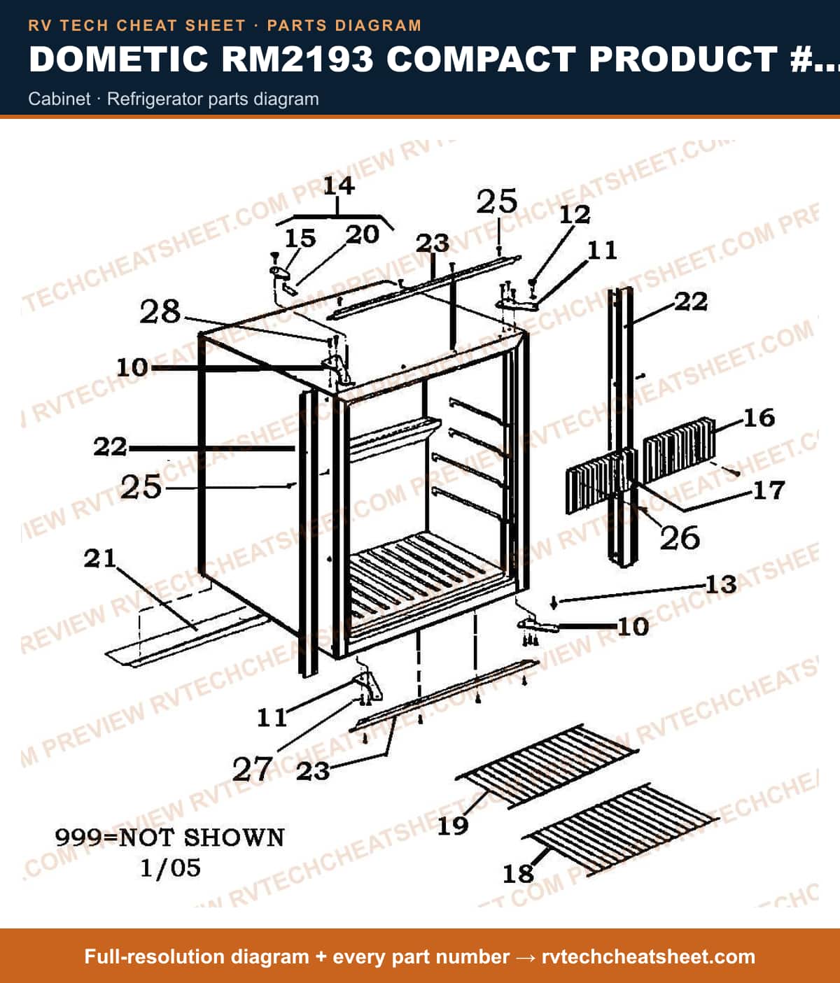 Dometic RM2193 Compact Product # 921131022 cabinet — parts list sheet