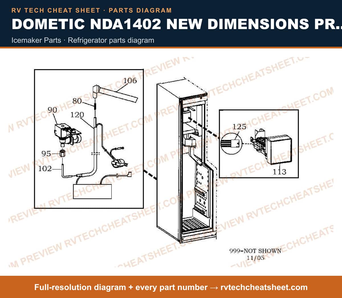 Dometic NDA1402 New Dimensions Product # 921148288 Stainless icemaker parts — parts list sheet