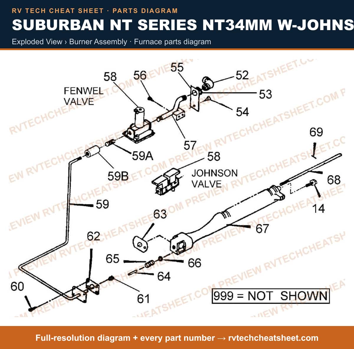Suburban Nt Series NT34MM W-johnson-fenwal Valve exploded view › burner assembly — exploded parts diagram 1 of 2