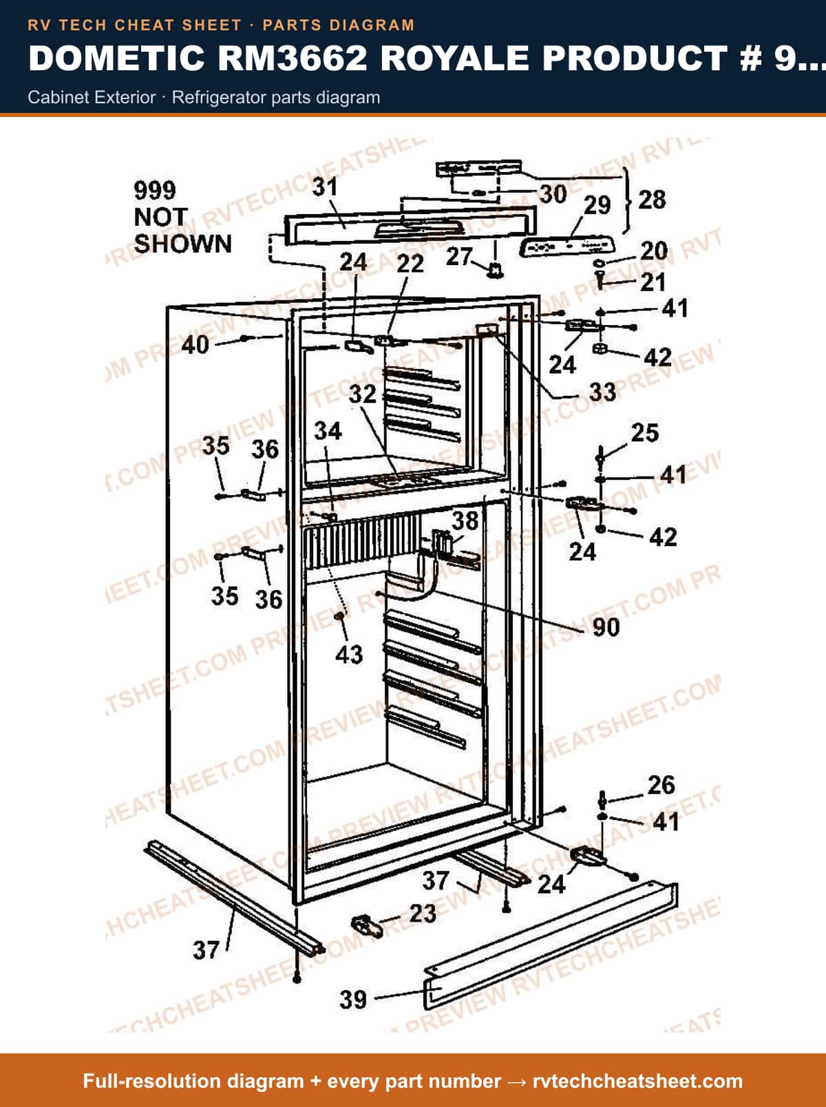 Dometic RM3662 Royale Product # 921144006 Beige cabinet exterior — parts list sheet