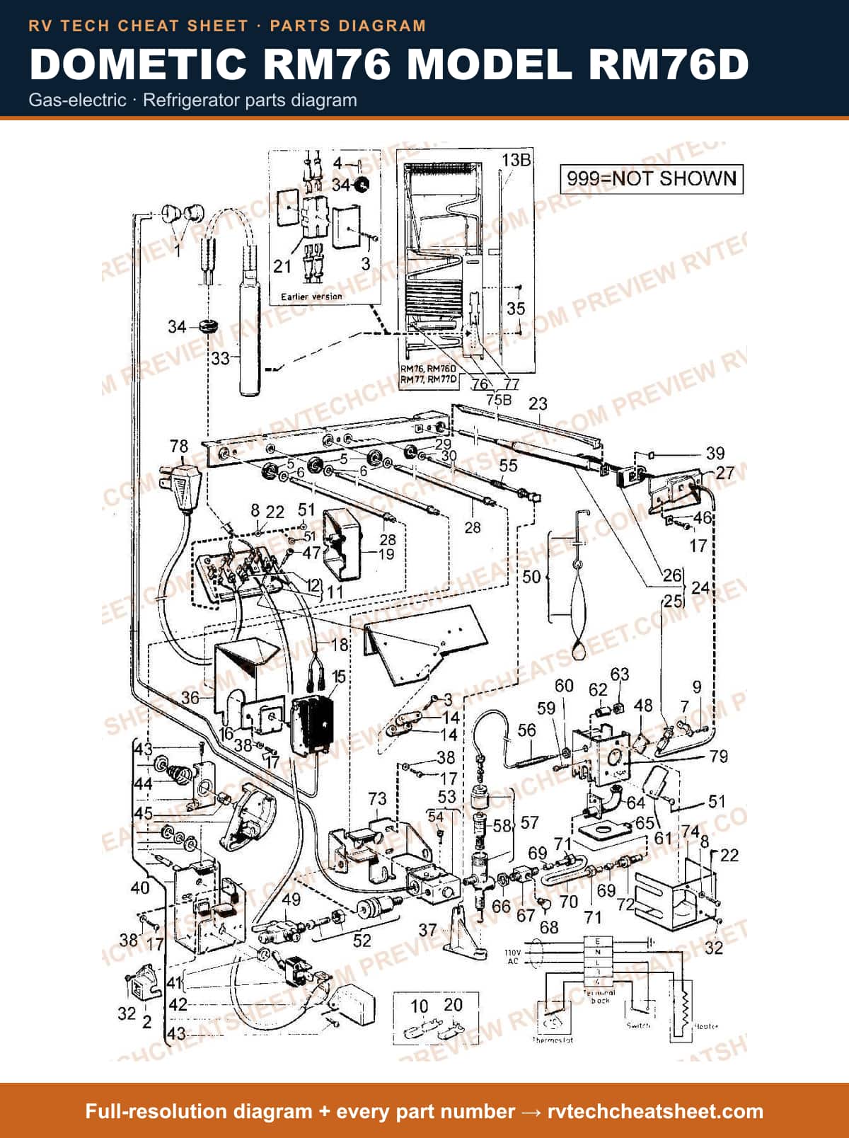 Dometic RM76 Model RM76D gas-electric — parts list sheet