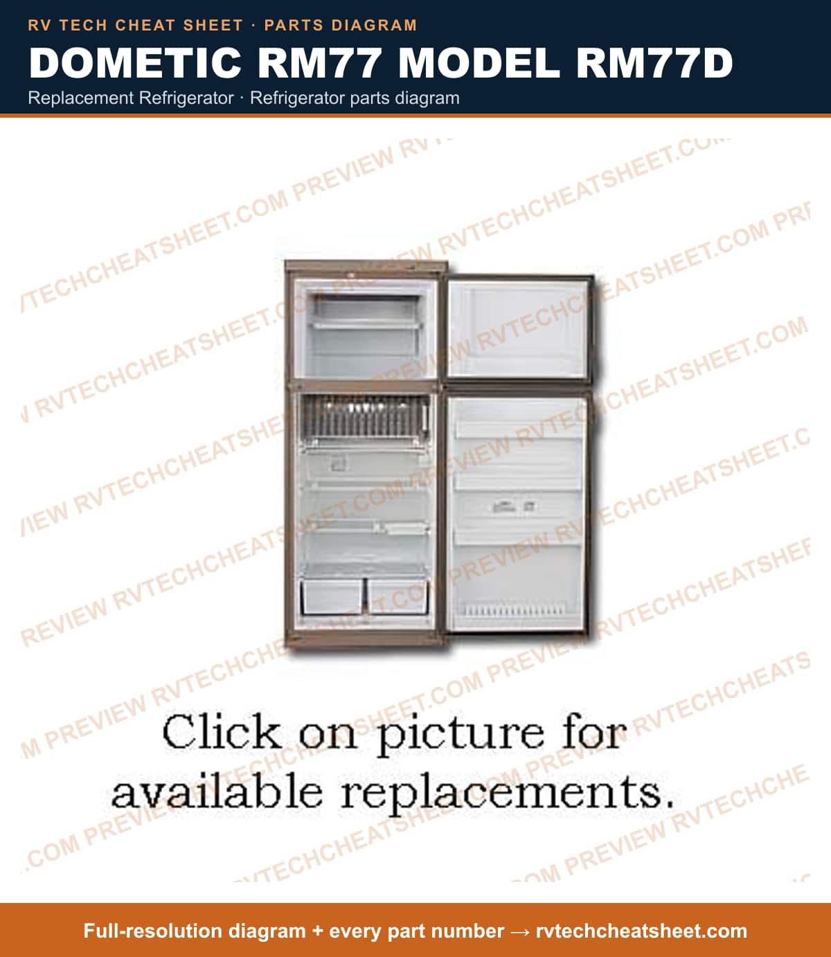 Dometic RM77 Model RM77D replacement refrigerator — parts list sheet