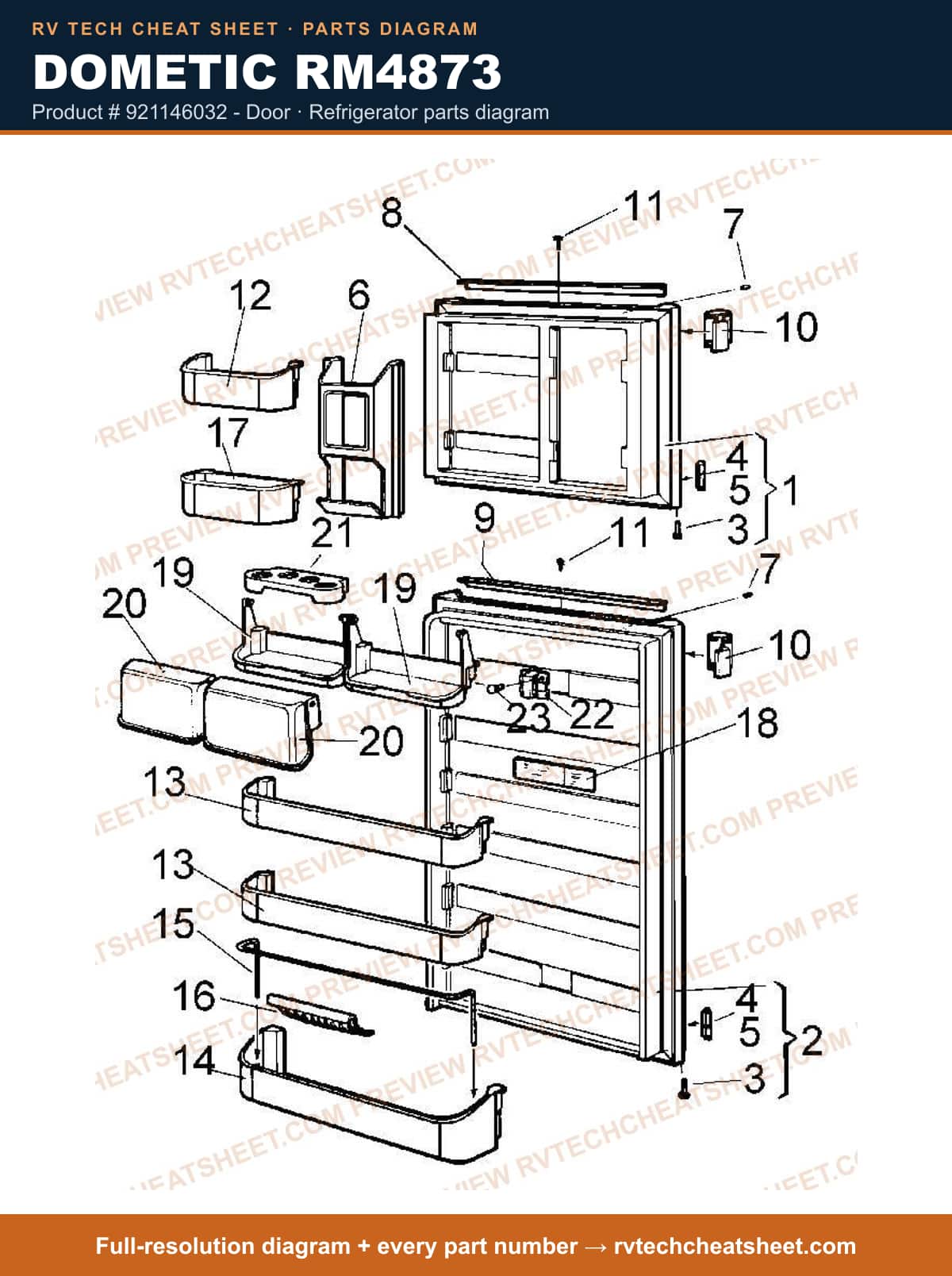 Dometic RM4873 product # 921146032 - door — parts list sheet