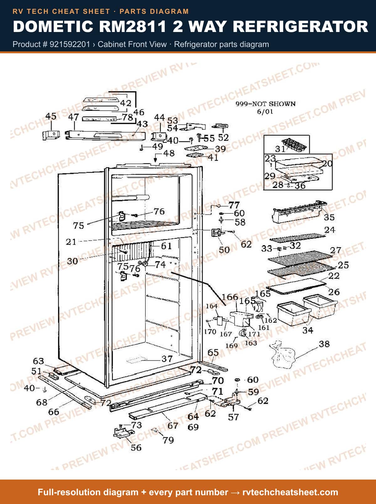 Dometic RM2811 2 Way Refrigerator product # 921592201 › cabinet front view — parts list sheet