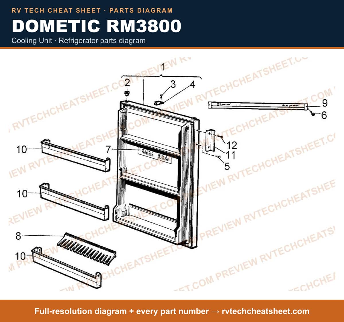 Dometic RM3800 cooling unit — parts list sheet