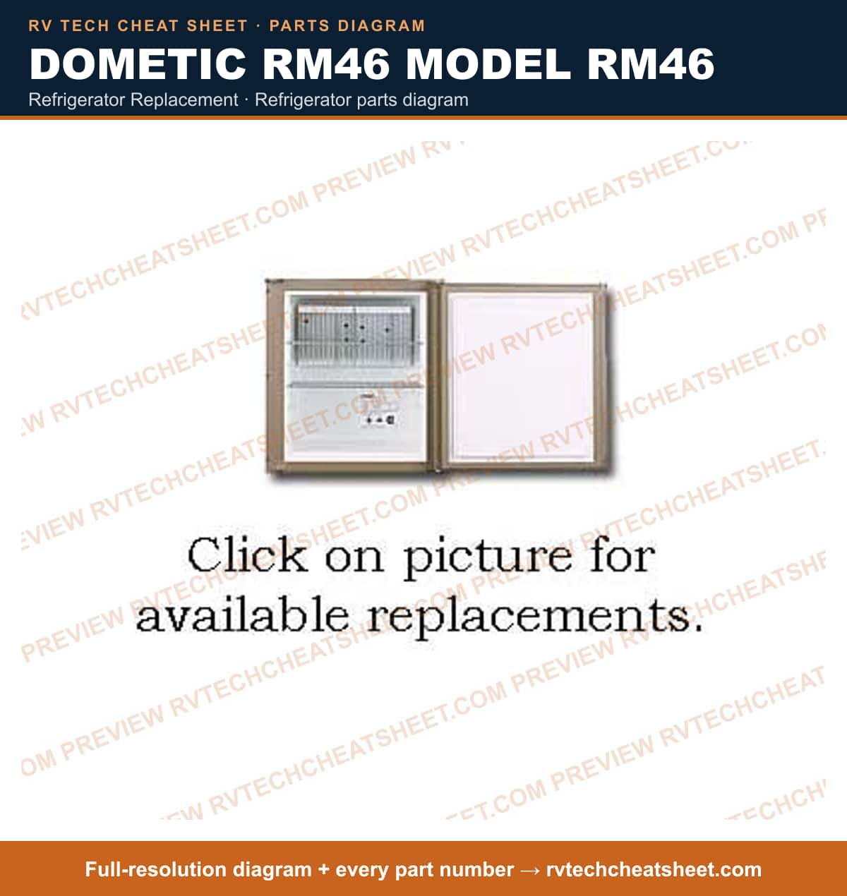 Dometic RM46 Model RM46 refrigerator replacement — parts list sheet
