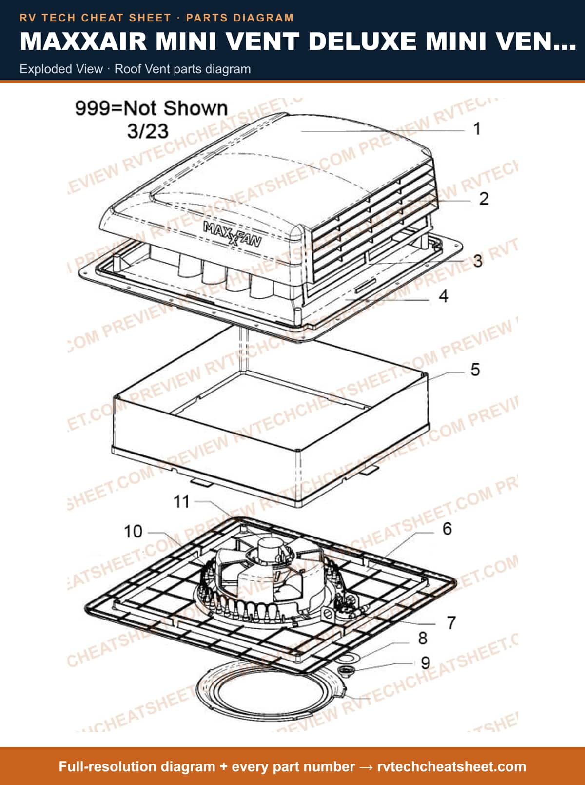 MaxxAir Mini Vent Deluxe Mini Vent Deluxe, Black exploded view — parts list sheet 1 of 3