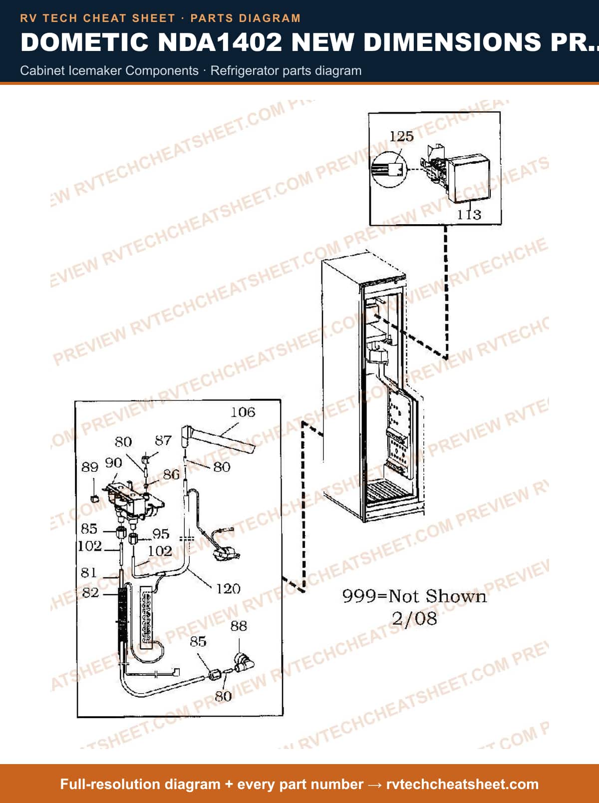 Dometic NDA1402 New Dimensions Product # 921148413 Stainless cabinet icemaker components — parts list sheet