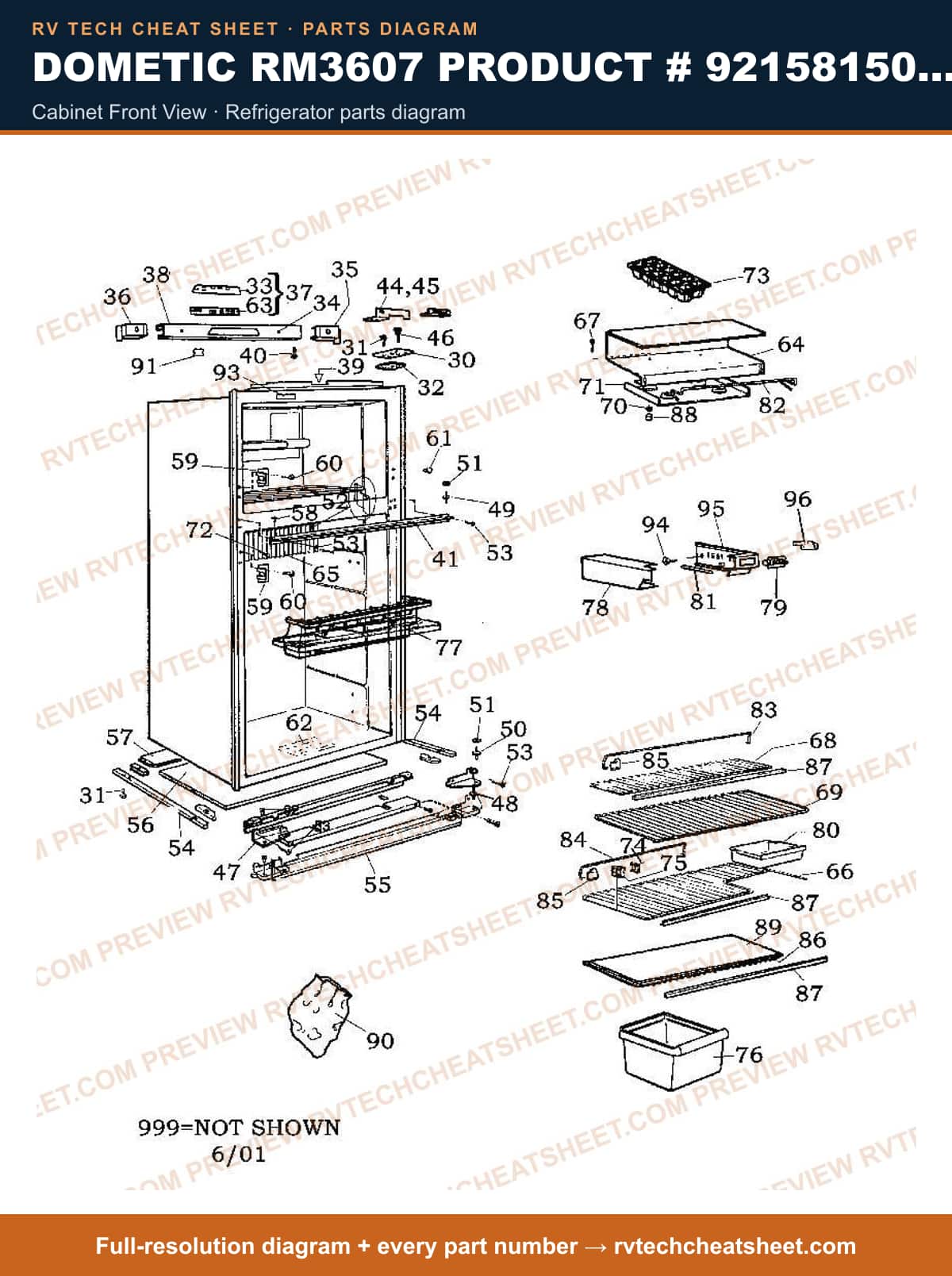 Dometic RM3607 Product # 921581501 2-WAY cabinet front view — parts list sheet