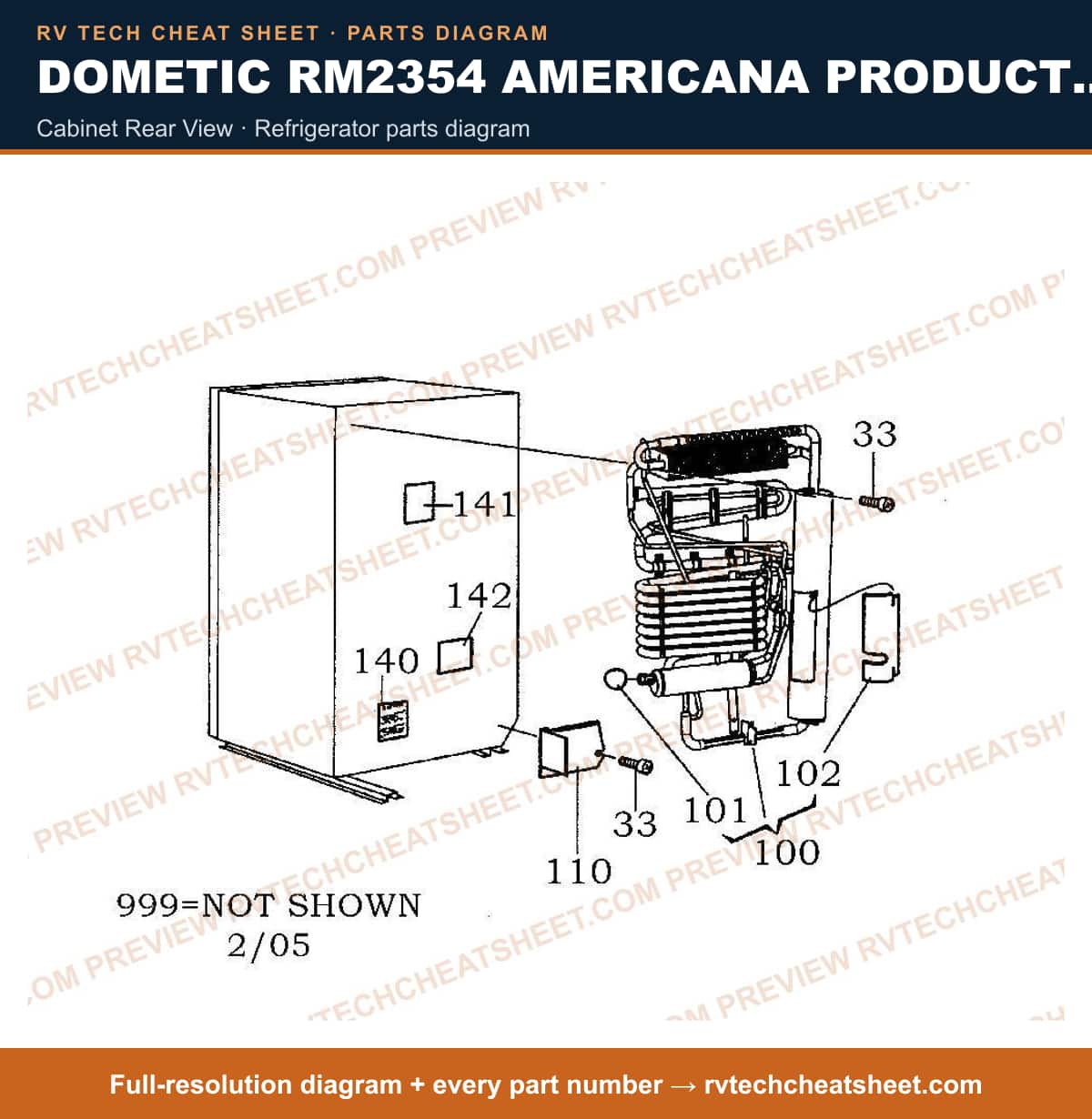Dometic RM2354 Americana Product # 921145052 Black cabinet rear view — parts list sheet
