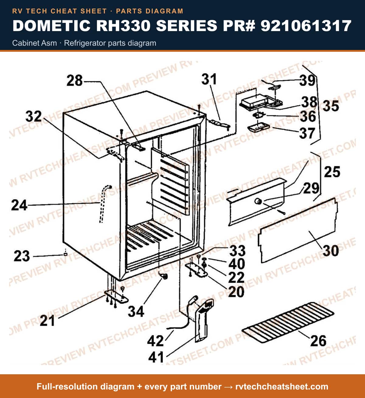 Dometic RH330 Series PR# 921061317 cabinet asm — parts list sheet