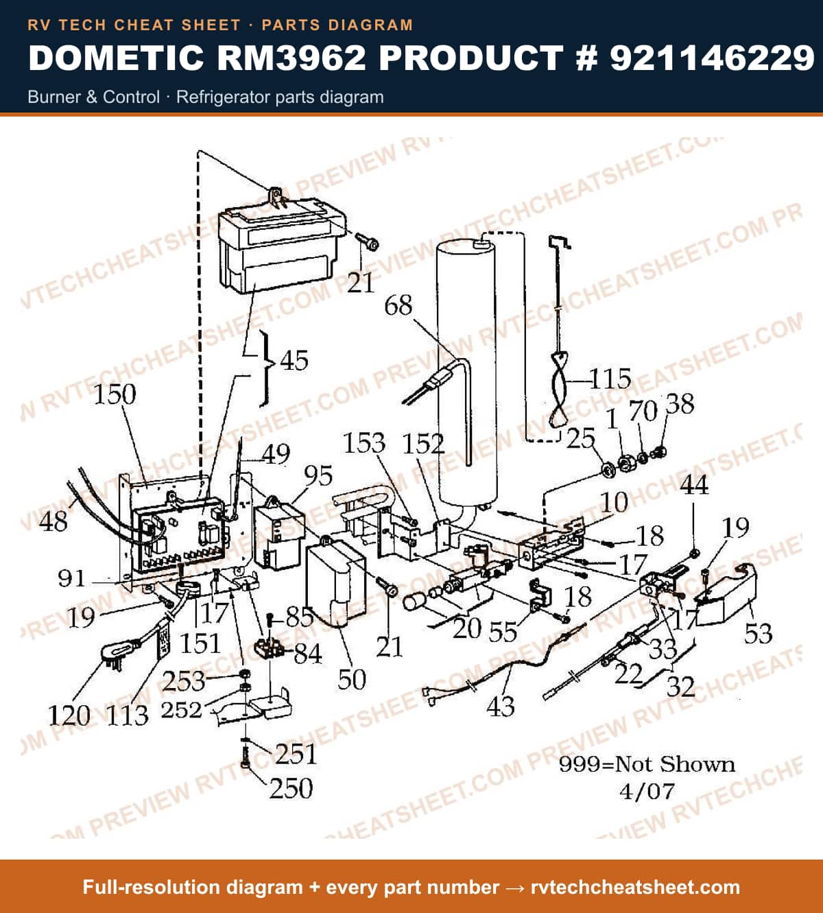 Dometic RM3962 Product # 921146229 burner & control — parts list sheet