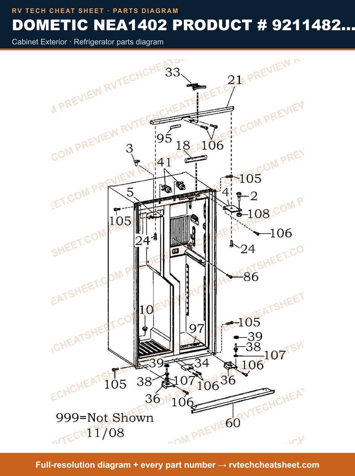 Dometic NEA1402 Product # 921148259 cabinet exterior — parts list sheet