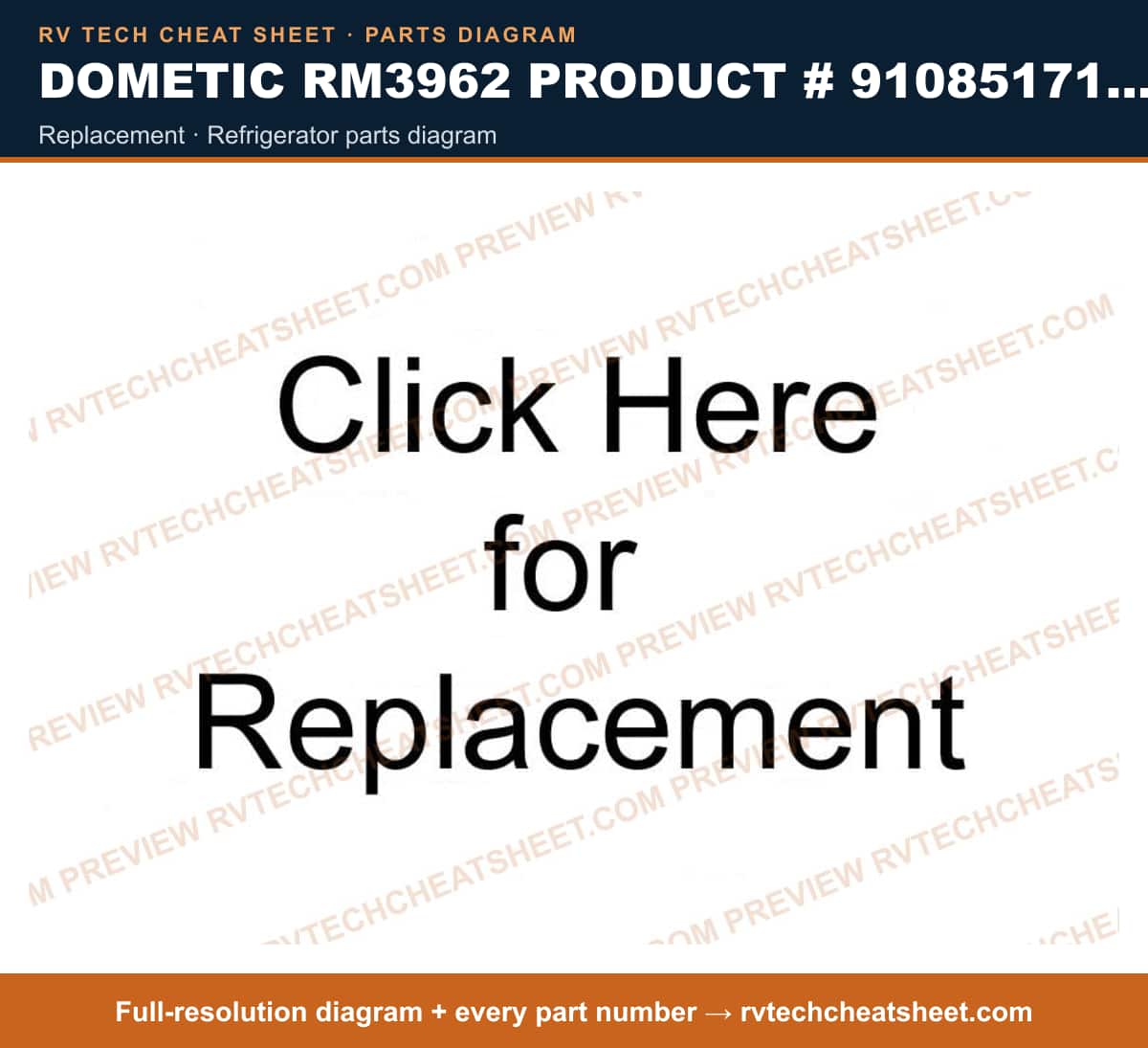 Dometic RM3962 Product # 9108517168 replacement — parts list sheet