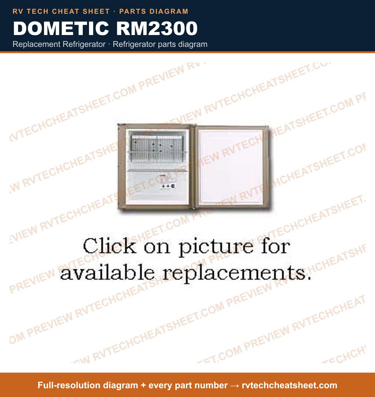 Dometic RM2300 replacement refrigerator — parts list sheet