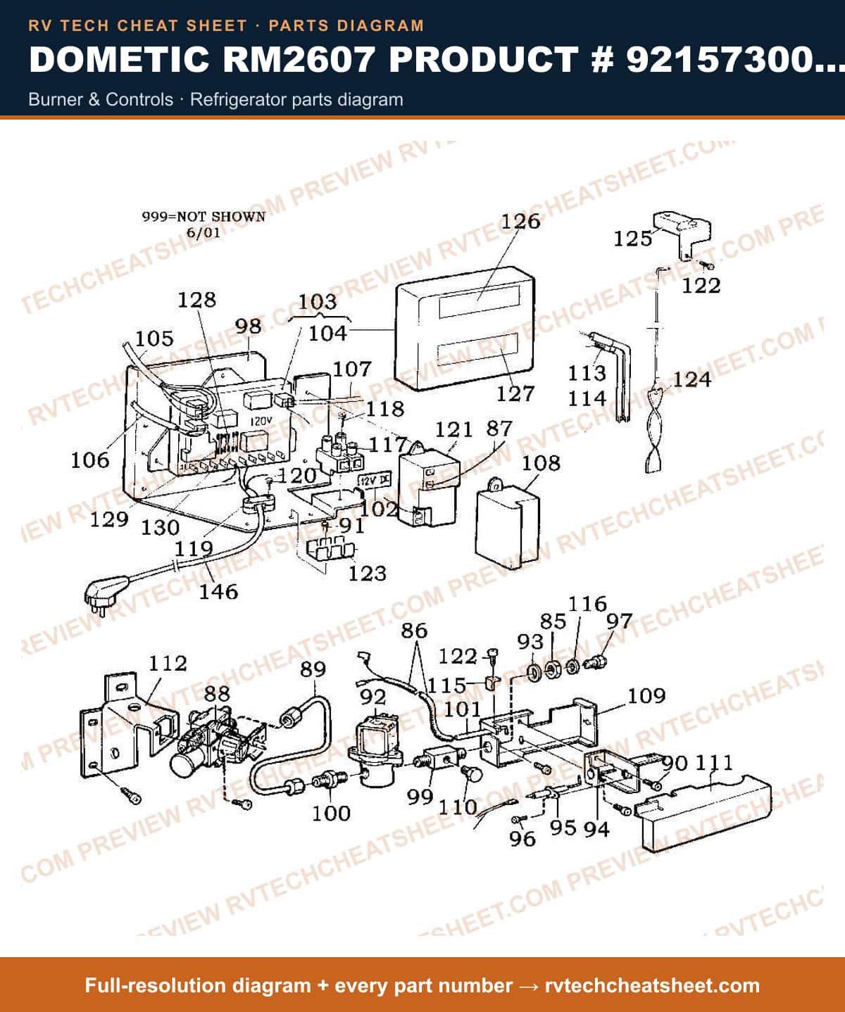 Dometic RM2607 Product # 921573001 2-WAY burner & controls — parts list sheet