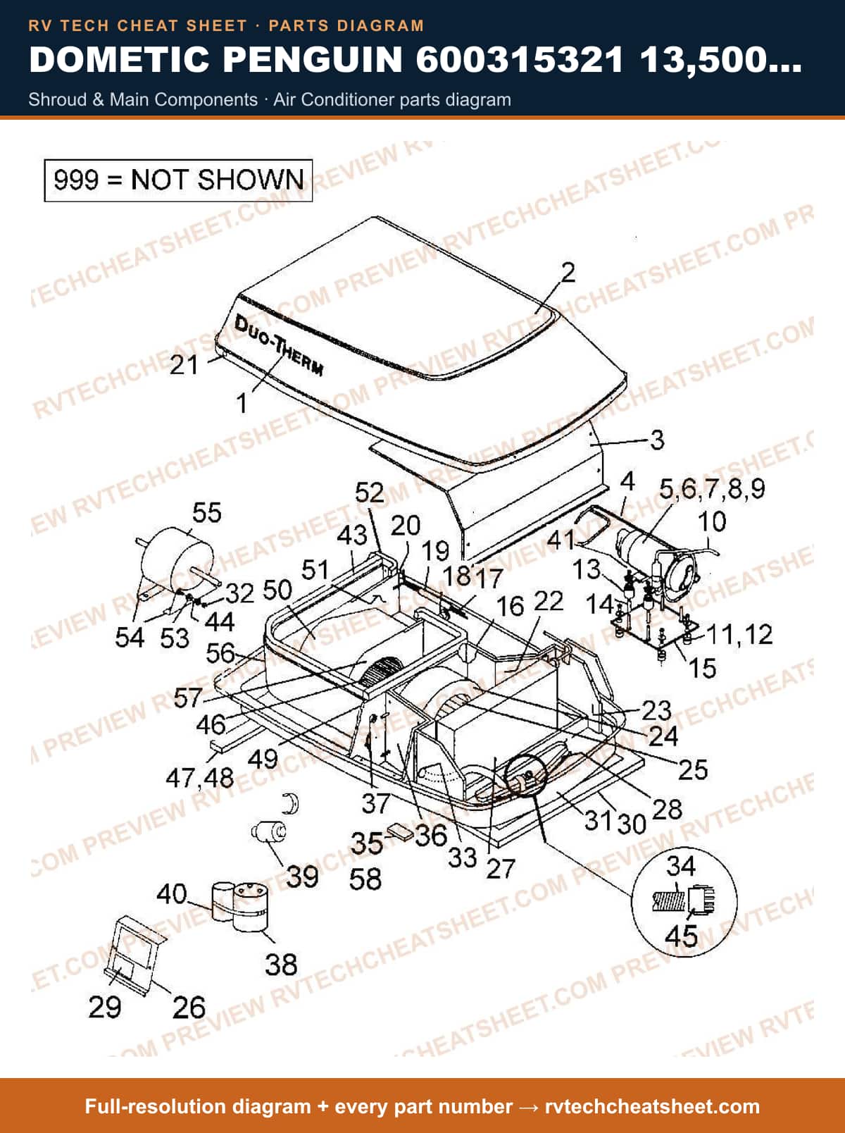 Dometic Penguin 600315321 13,500 BTU shroud & main components — parts list sheet