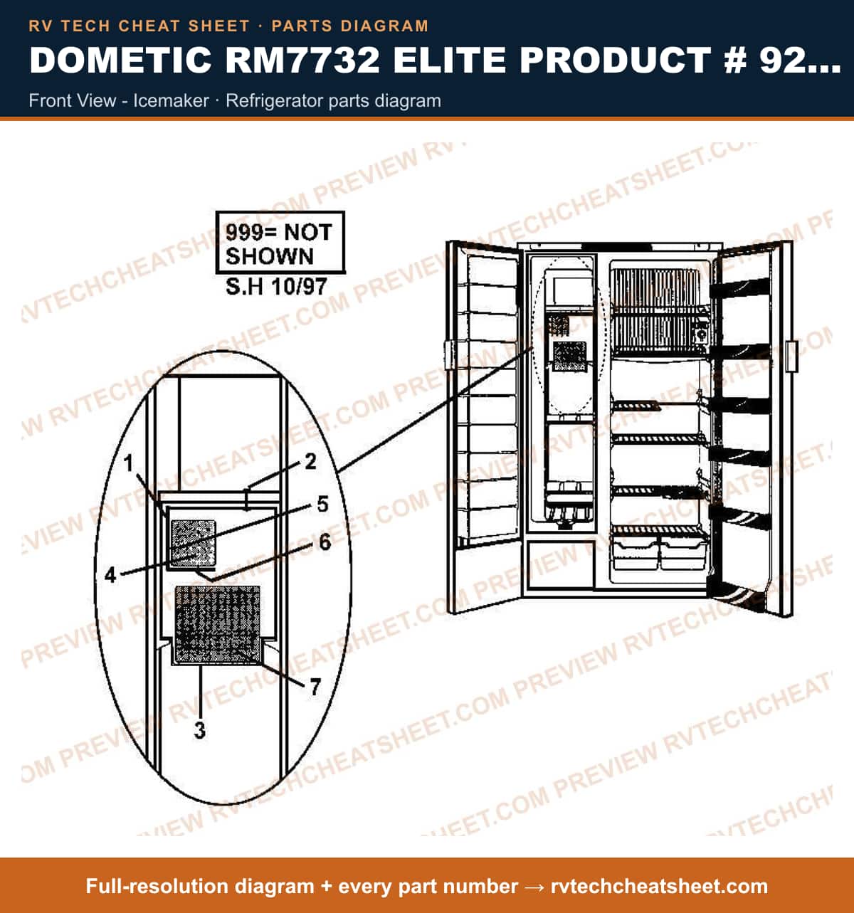 Dometic RM7732 Elite Product # 921148008 front view - icemaker — parts list sheet