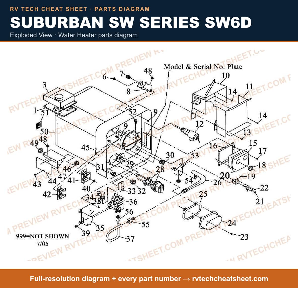 Suburban Sw Series SW6D exploded view — parts list sheet