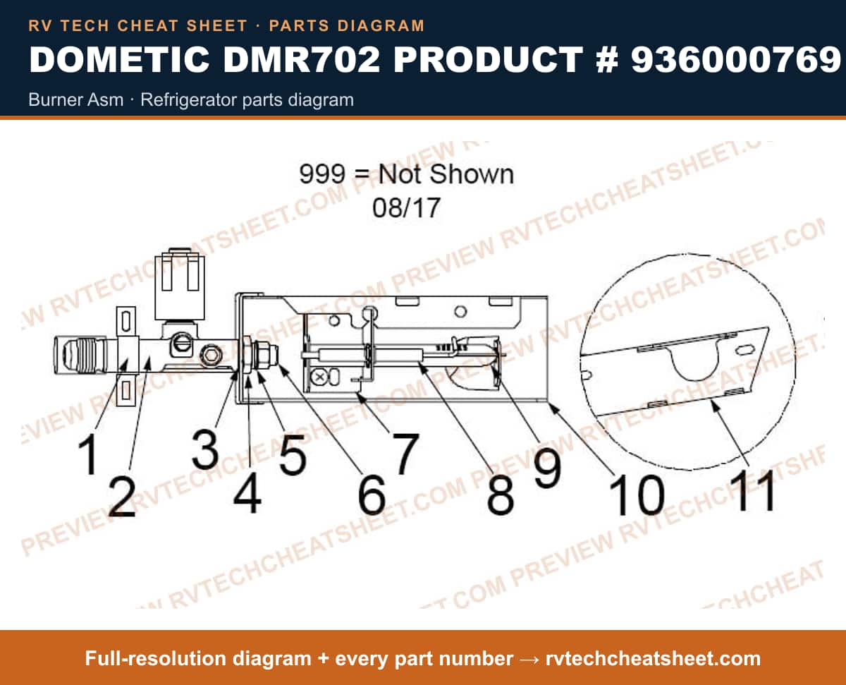 Dometic DMR702 Product # 936000769 burner asm — parts list sheet