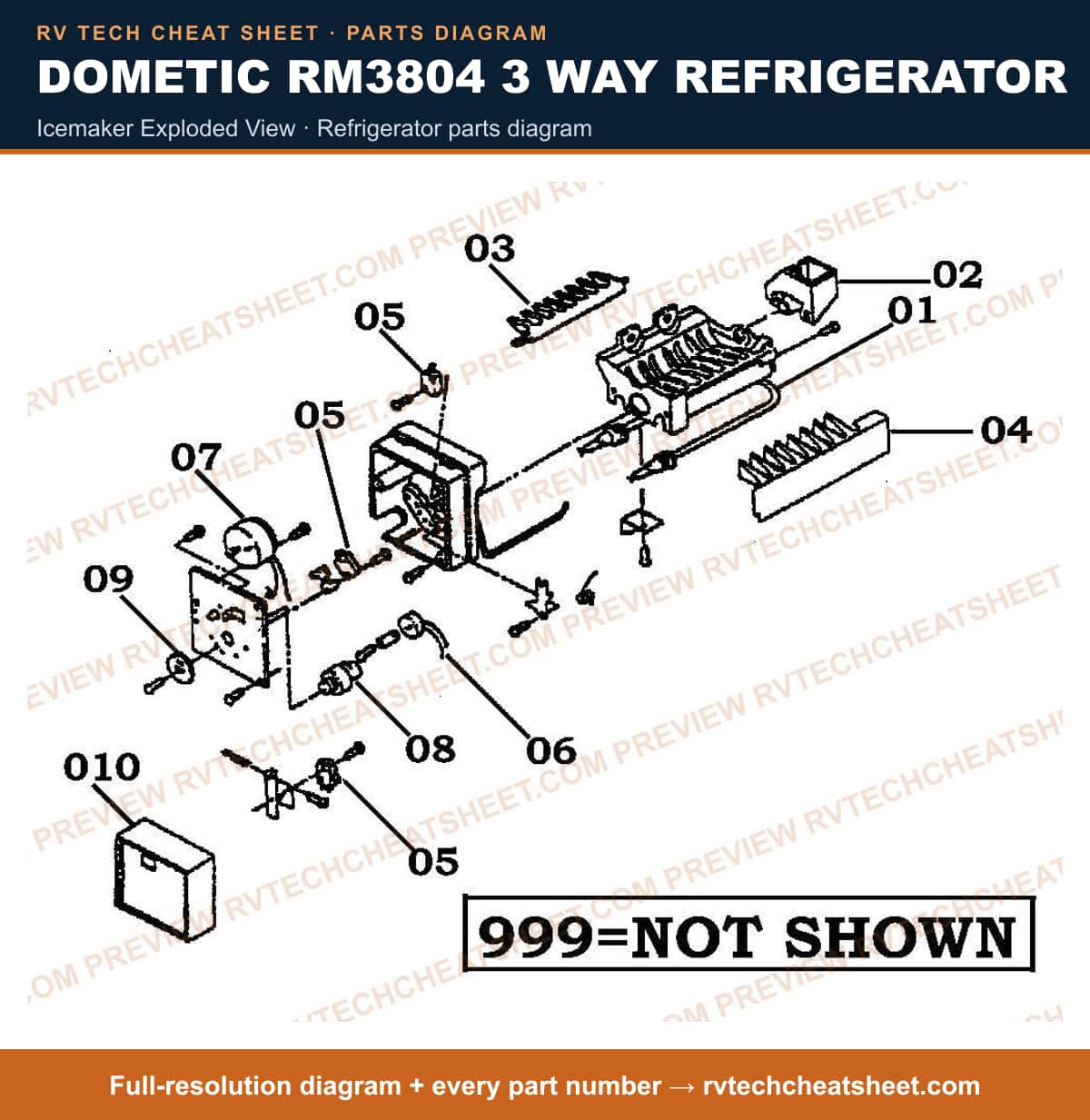Dometic RM3804 3 Way Refrigerator icemaker exploded view — parts list sheet