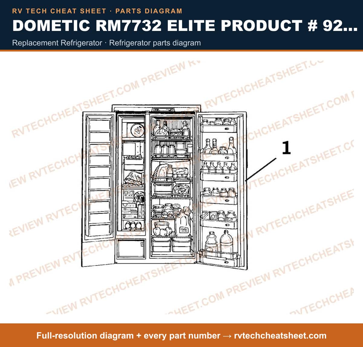 Dometic RM7732 Elite Product # 921148014 replacement refrigerator — parts list sheet
