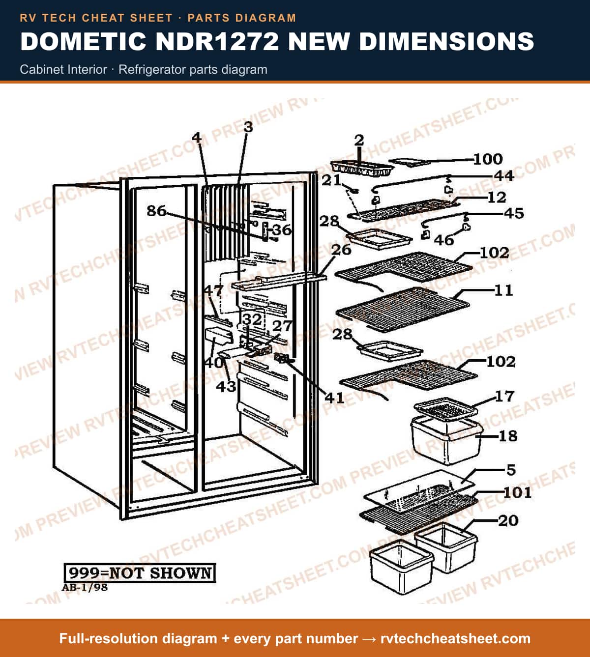 Dometic NDR1272 New Dimensions cabinet interior — parts list sheet