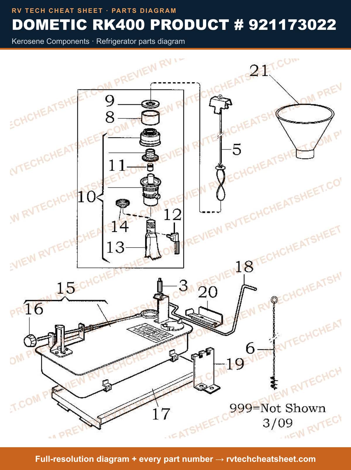 Dometic RK400 Product # 921173022 kerosene components — parts list sheet
